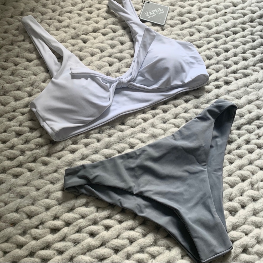 Padded Knotted Bralette Bikini Set - Grey & White
